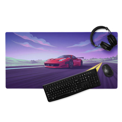 Ferrari 458 Italia Inspired Widebody Red Purple Vaporwave Gaming Mouse Pad – Neon Open Highway Desk Mat, Retro Futuristic Supercar Digital Artwork