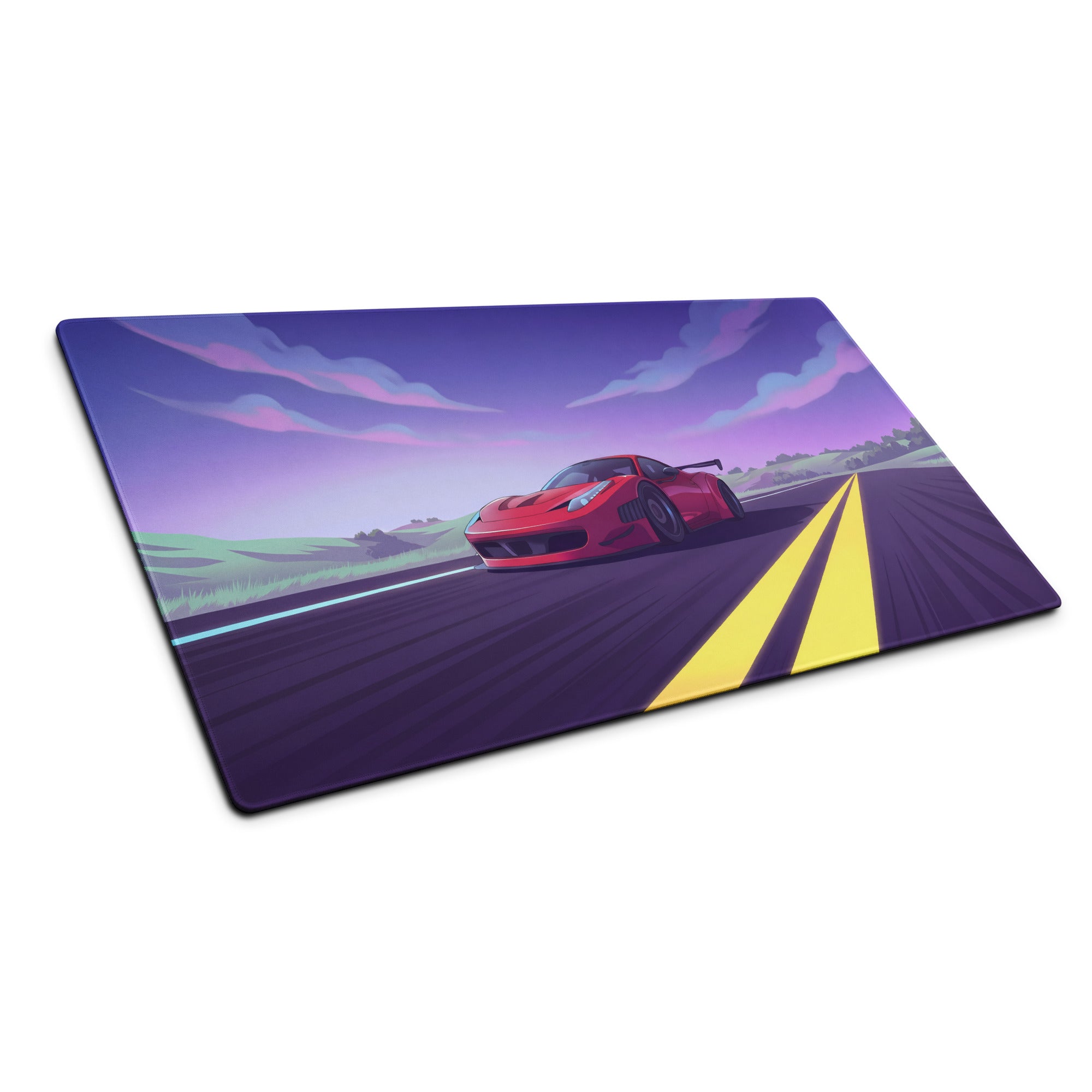 Ferrari 458 Italia Inspired Widebody Red Purple Vaporwave Gaming Mouse Pad – Neon Open Highway Desk Mat, Retro Futuristic Supercar Digital Artwork