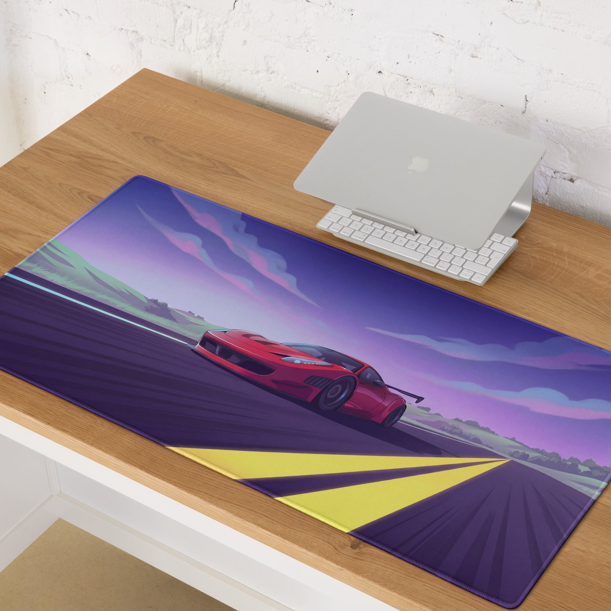 Ferrari 458 Italia Inspired Widebody Red Purple Vaporwave Gaming Mouse Pad – Neon Open Highway Desk Mat, Retro Futuristic Supercar Digital Artwork