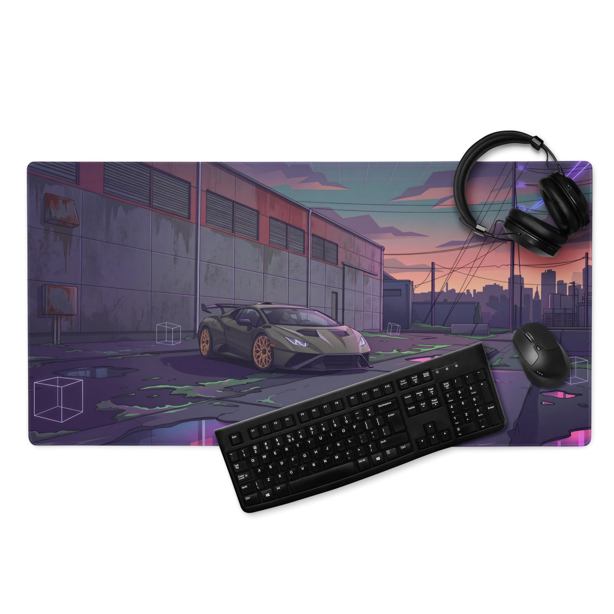 Lamborghini Huracán STO Inspired Gray Purple Vaporwave Gaming Mouse Pad – Neon Industrial Alley Desk Mat, Cyberpunk Supercar Digital Art
