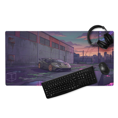 Lamborghini Huracán STO Inspired Gray Purple Vaporwave Gaming Mouse Pad – Neon Industrial Alley Desk Mat, Cyberpunk Supercar Digital Art