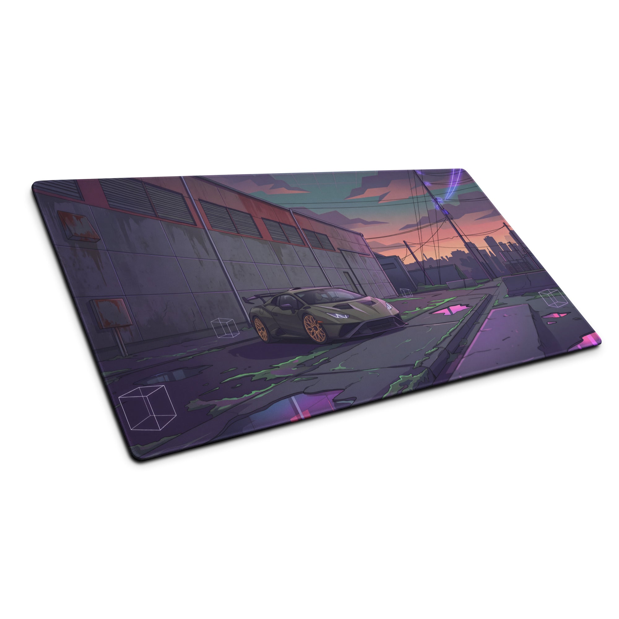 Lamborghini Huracán STO Inspired Gray Purple Vaporwave Gaming Mouse Pad – Neon Industrial Alley Desk Mat, Cyberpunk Supercar Digital Art