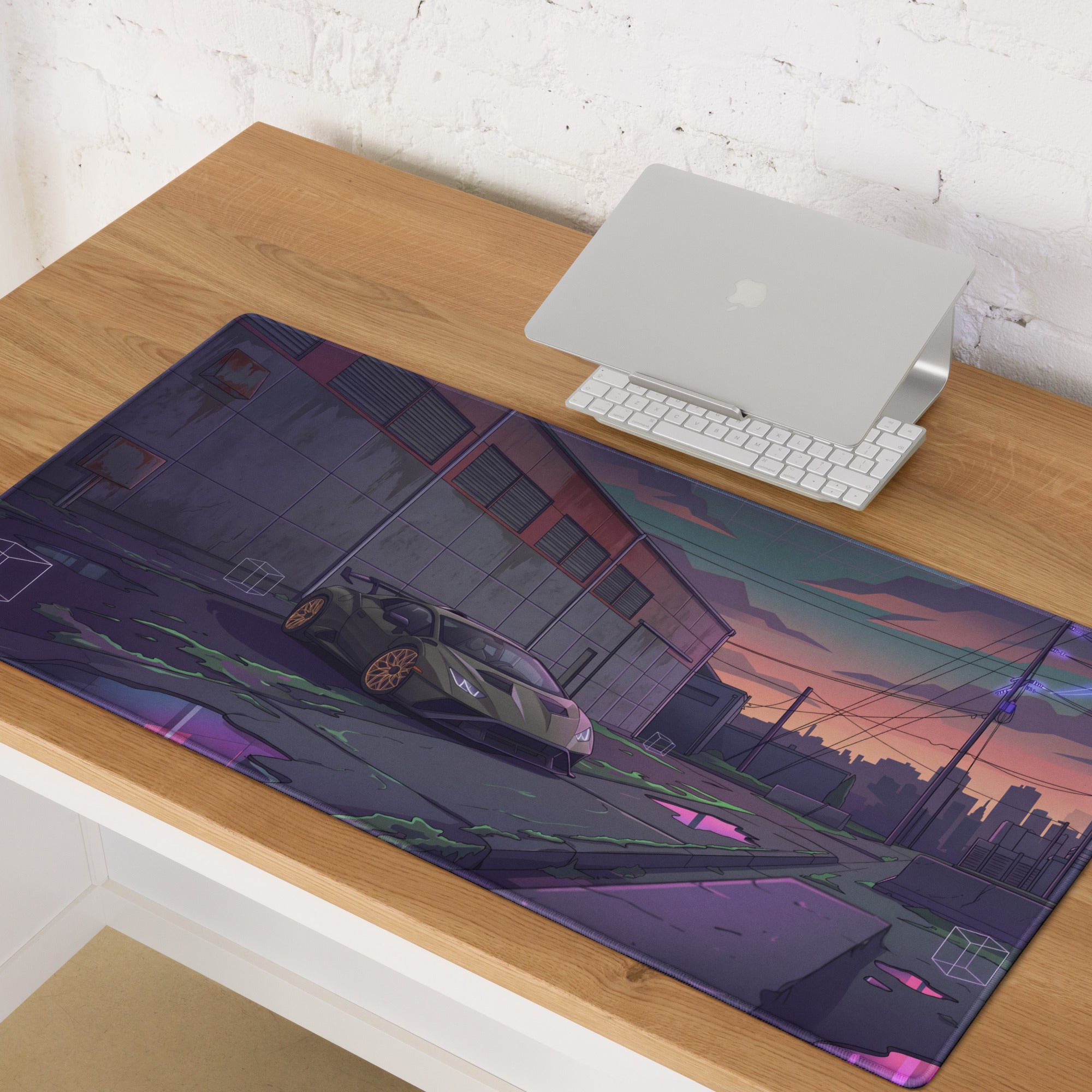 Lamborghini Huracán STO Inspired Gray Purple Vaporwave Gaming Mouse Pad – Neon Industrial Alley Desk Mat, Cyberpunk Supercar Digital Art