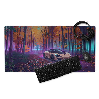 McLaren 765LT Inspired Champagne Purple Vaporwave Gaming Mouse Pad – Neon Autumn Forest Desk Mat, Retro Futuristic Supercar Digital Art