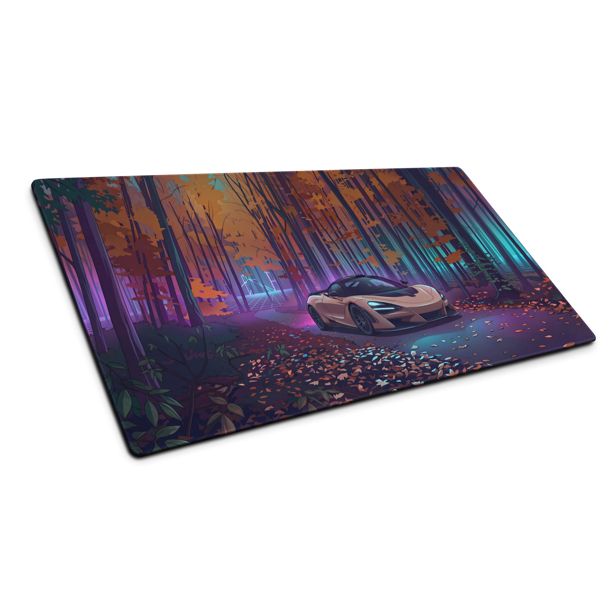 McLaren 765LT Inspired Champagne Purple Vaporwave Gaming Mouse Pad – Neon Autumn Forest Desk Mat, Retro Futuristic Supercar Digital Art