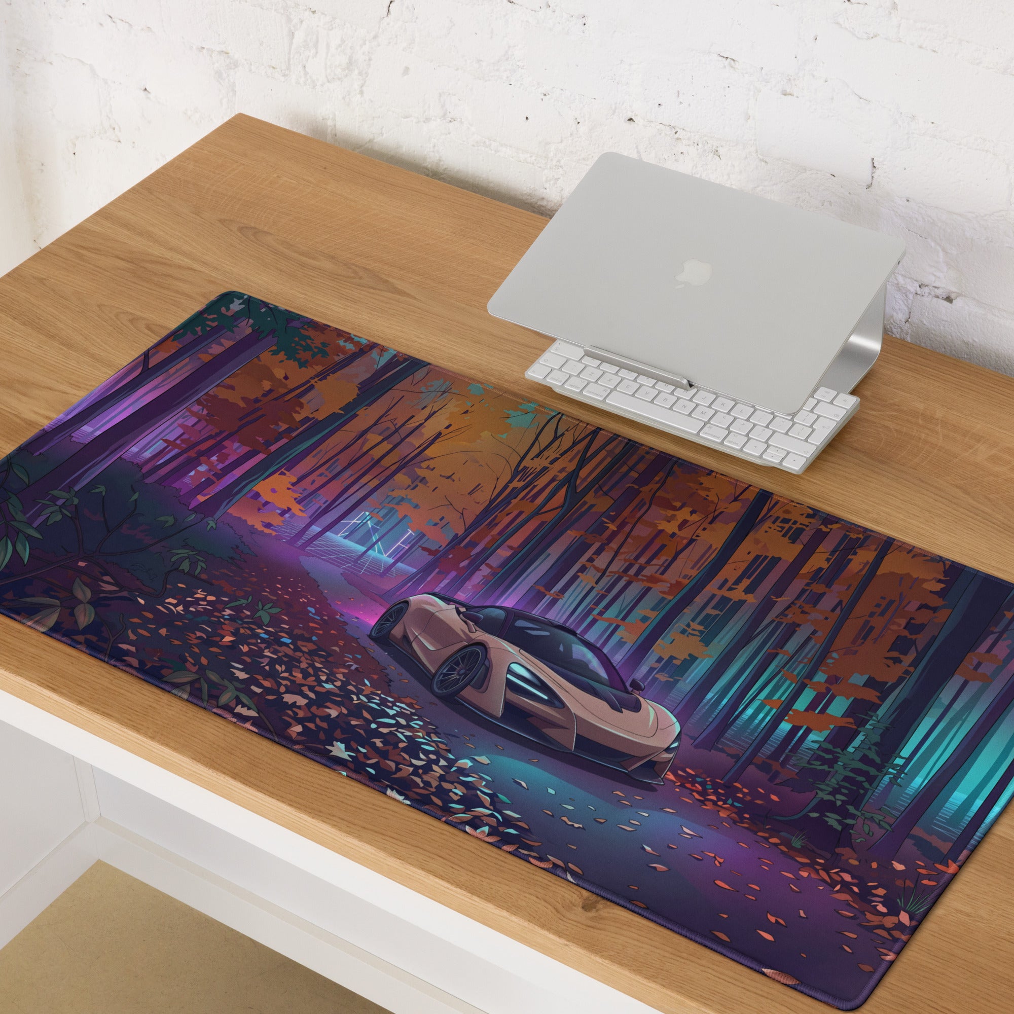 McLaren 765LT Inspired Champagne Purple Vaporwave Gaming Mouse Pad – Neon Autumn Forest Desk Mat, Retro Futuristic Supercar Digital Art