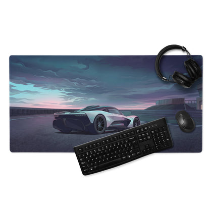 Aston Martin Valhalla Inspired White Blue Vaporwave Gaming Mouse Pad – Moody Racetrack Desk Mat, Futuristic Hypercar Digital Art with Stormy Sky