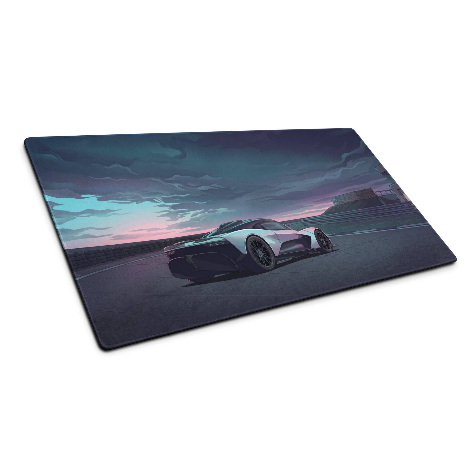 Aston Martin Valhalla Inspired White Blue Vaporwave Gaming Mouse Pad – Moody Racetrack Desk Mat, Futuristic Hypercar Digital Art with Stormy Sky