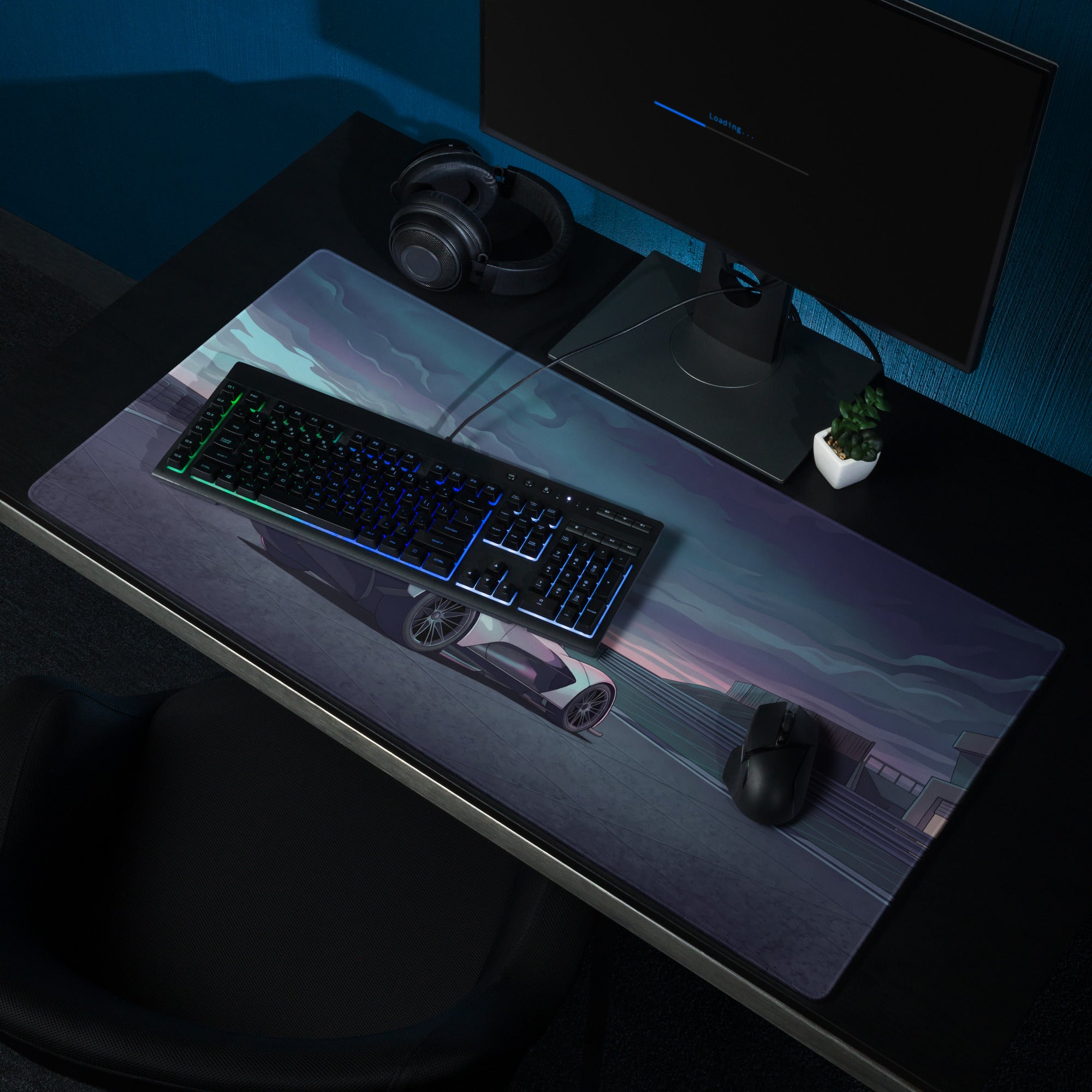 Aston Martin Valhalla Inspired White Blue Vaporwave Gaming Mouse Pad – Moody Racetrack Desk Mat, Futuristic Hypercar Digital Art with Stormy Sky