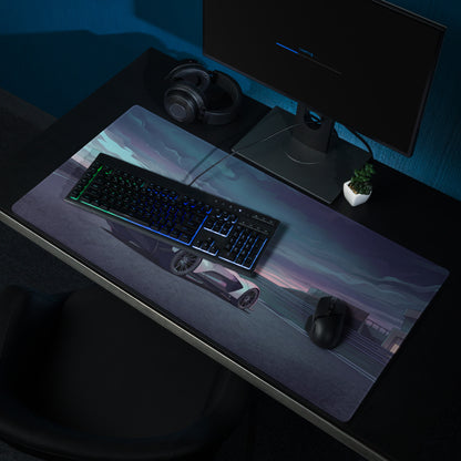 Aston Martin Valhalla Inspired White Blue Vaporwave Gaming Mouse Pad – Moody Racetrack Desk Mat, Futuristic Hypercar Digital Art with Stormy Sky
