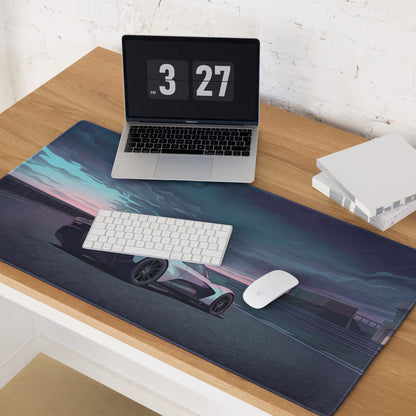 Aston Martin Valhalla Inspired White Blue Vaporwave Gaming Mouse Pad – Moody Racetrack Desk Mat, Futuristic Hypercar Digital Art with Stormy Sky