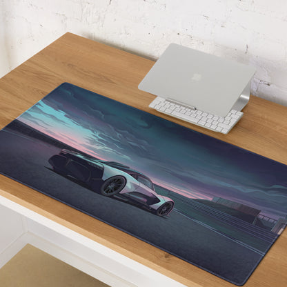 Aston Martin Valhalla Inspired White Blue Vaporwave Gaming Mouse Pad – Moody Racetrack Desk Mat, Futuristic Hypercar Digital Art with Stormy Sky