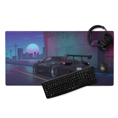 Ferrari 458 Italia Inspired Widebody Black Purple Vaporwave Gaming Mouse Pad – Neon Retro City Desk Mat, Widebody Supercar Digital Art with Sunset Grid