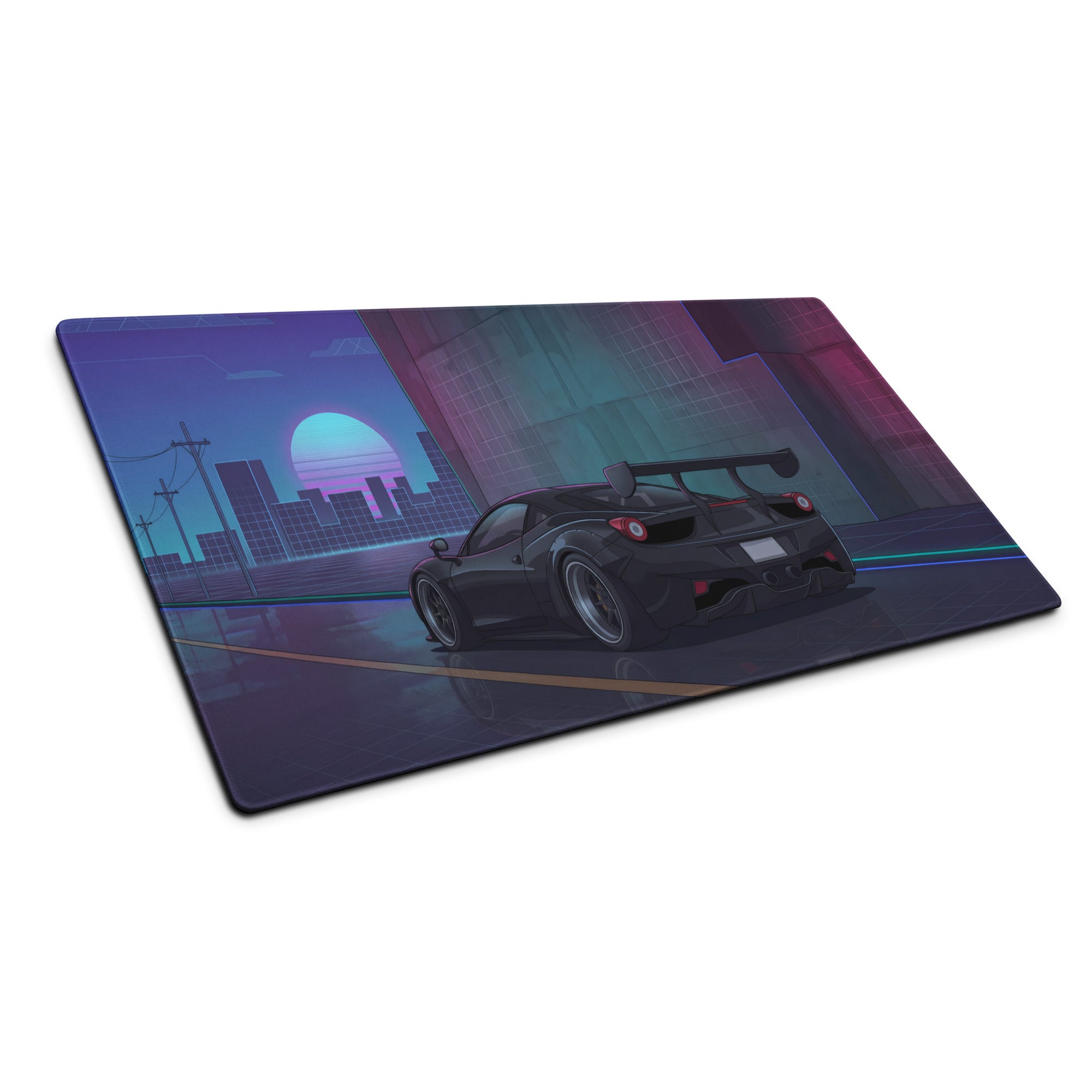 Ferrari 458 Italia Inspired Widebody Black Purple Vaporwave Gaming Mouse Pad – Neon Retro City Desk Mat, Widebody Supercar Digital Art with Sunset Grid
