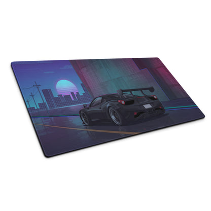 Ferrari 458 Italia Inspired Widebody Black Purple Vaporwave Gaming Mouse Pad – Neon Retro City Desk Mat, Widebody Supercar Digital Art with Sunset Grid
