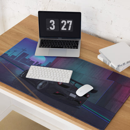 Ferrari 458 Italia Inspired Widebody Black Purple Vaporwave Gaming Mouse Pad – Neon Retro City Desk Mat, Widebody Supercar Digital Art with Sunset Grid