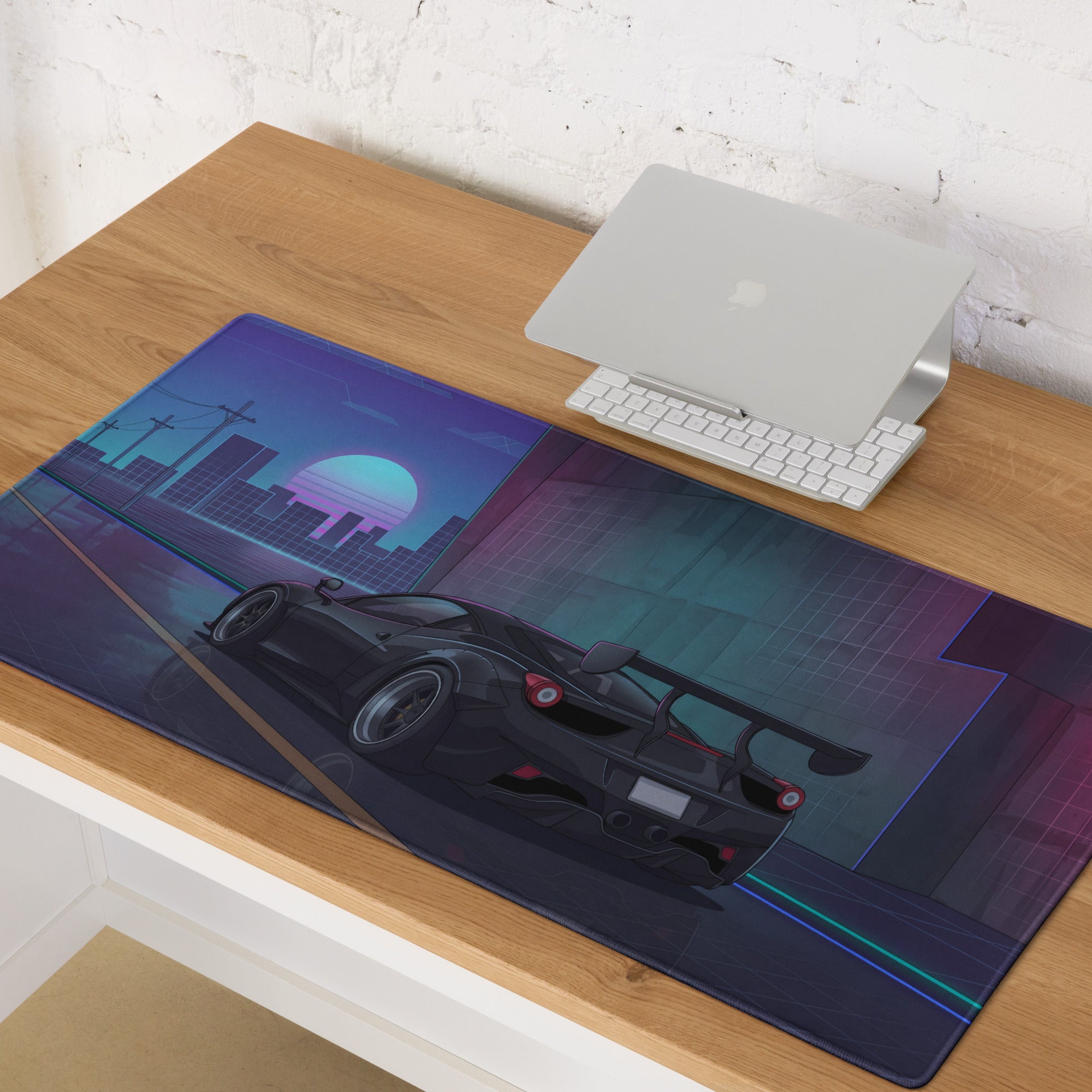 Ferrari 458 Italia Inspired Widebody Black Purple Vaporwave Gaming Mouse Pad – Neon Retro City Desk Mat, Widebody Supercar Digital Art with Sunset Grid