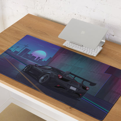 Ferrari 458 Italia Inspired Widebody Black Purple Vaporwave Gaming Mouse Pad – Neon Retro City Desk Mat, Widebody Supercar Digital Art with Sunset Grid