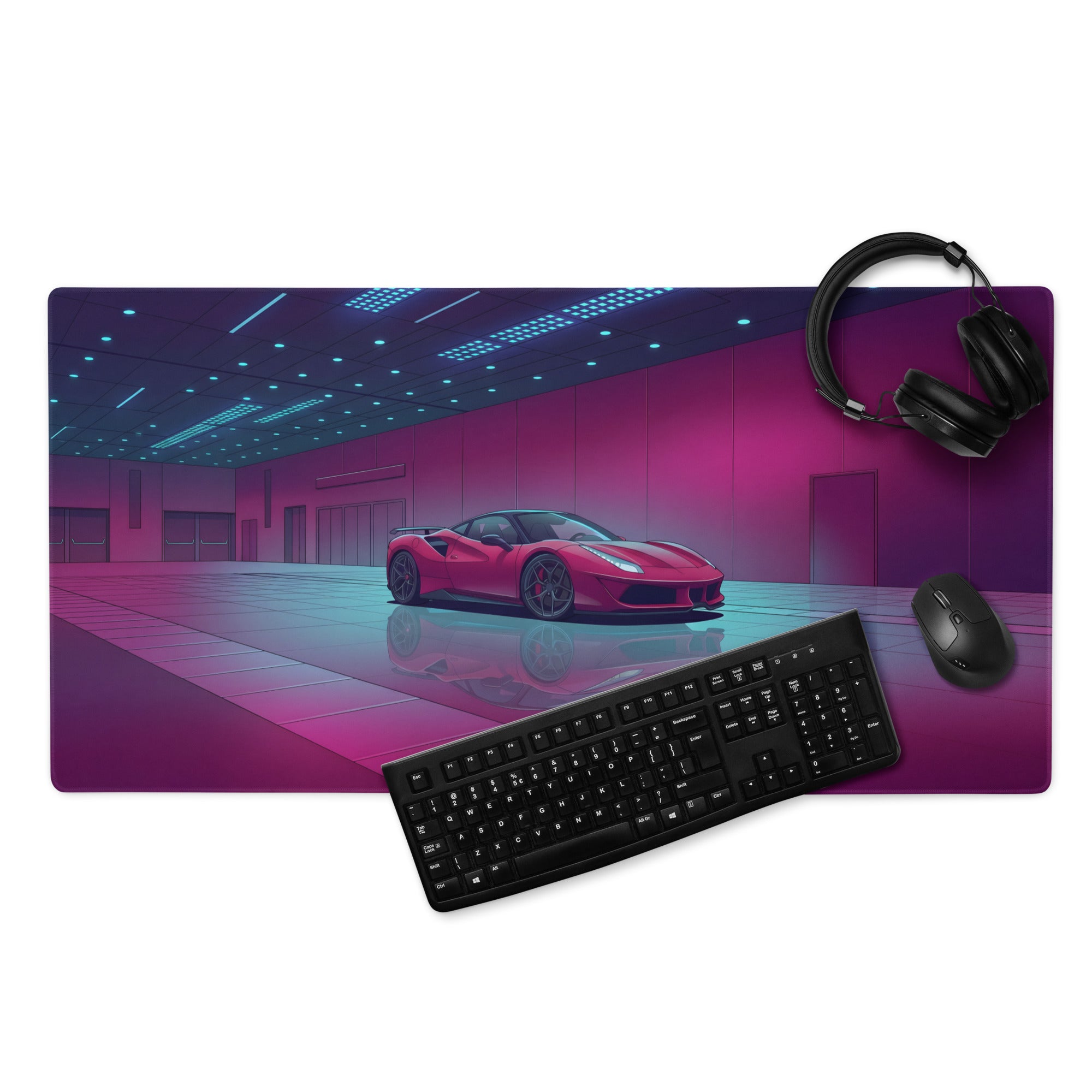 Ferrari 488 GTB Inspired Red Pink Vaporwave Gaming Mouse Pad – Neon Luxury Showroom Desk Mat, Retro Futuristic Supercar Digital Art