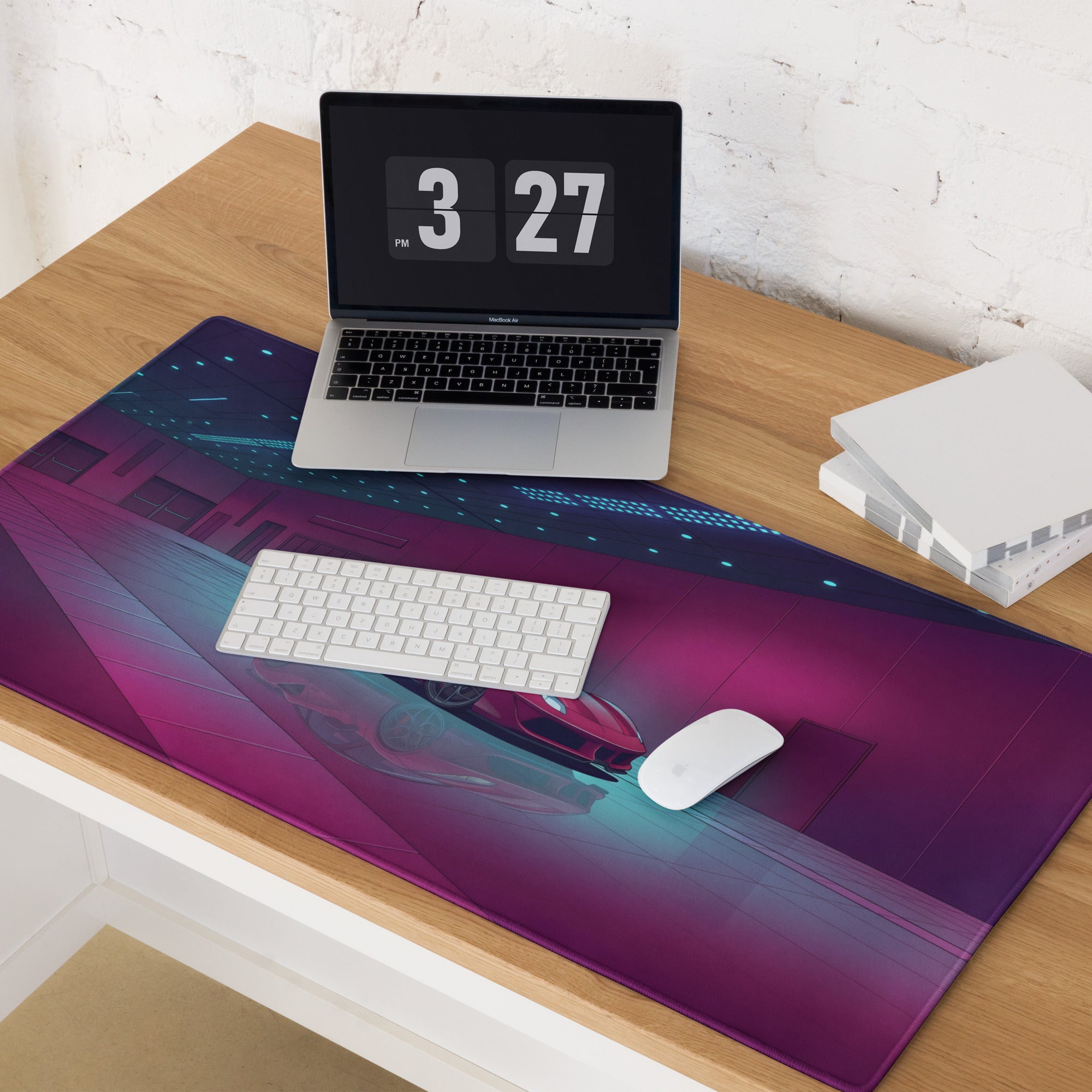 Ferrari 488 GTB Inspired Red Pink Vaporwave Gaming Mouse Pad – Neon Luxury Showroom Desk Mat, Retro Futuristic Supercar Digital Art