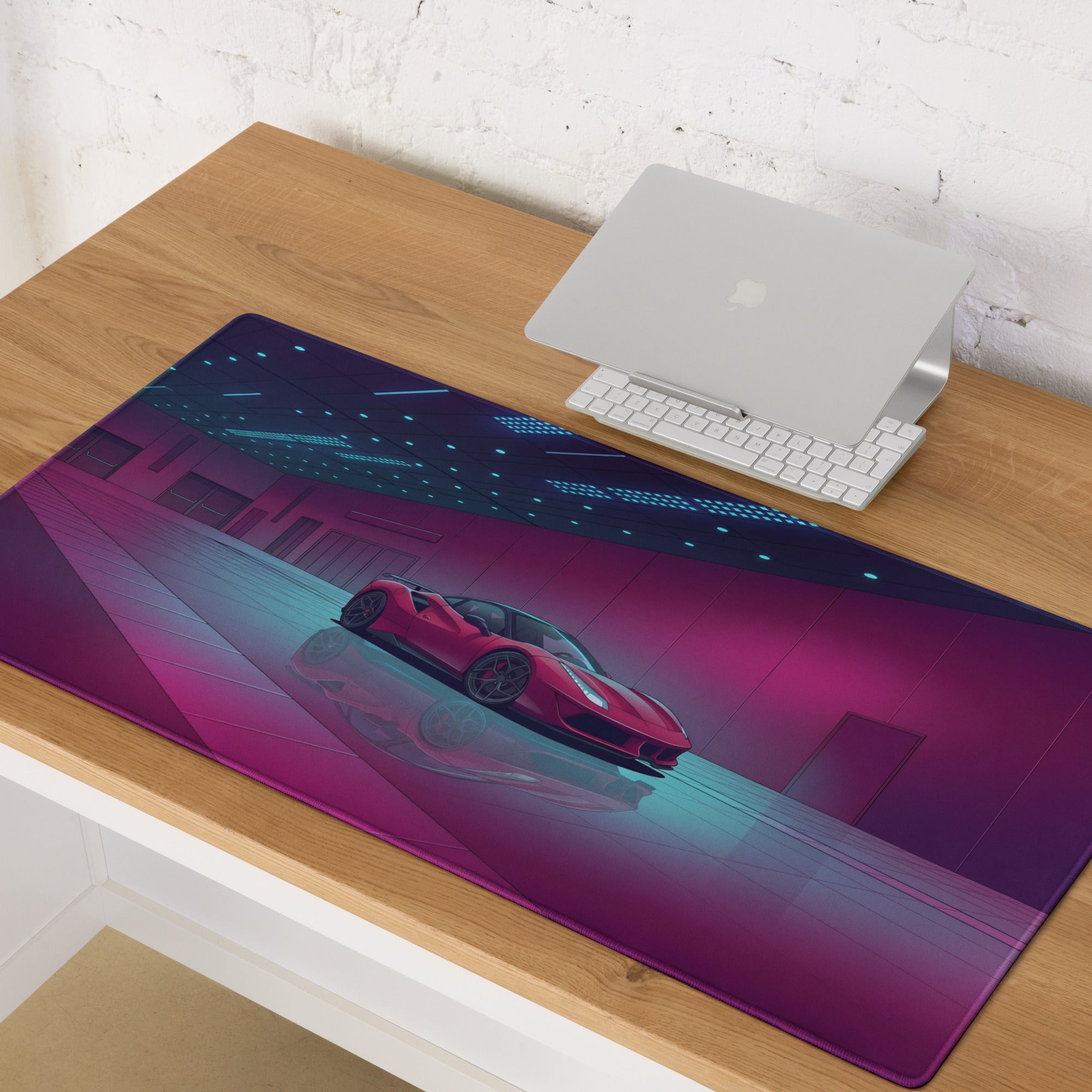 Ferrari 488 GTB Inspired Red Pink Vaporwave Gaming Mouse Pad – Neon Luxury Showroom Desk Mat, Retro Futuristic Supercar Digital Art
