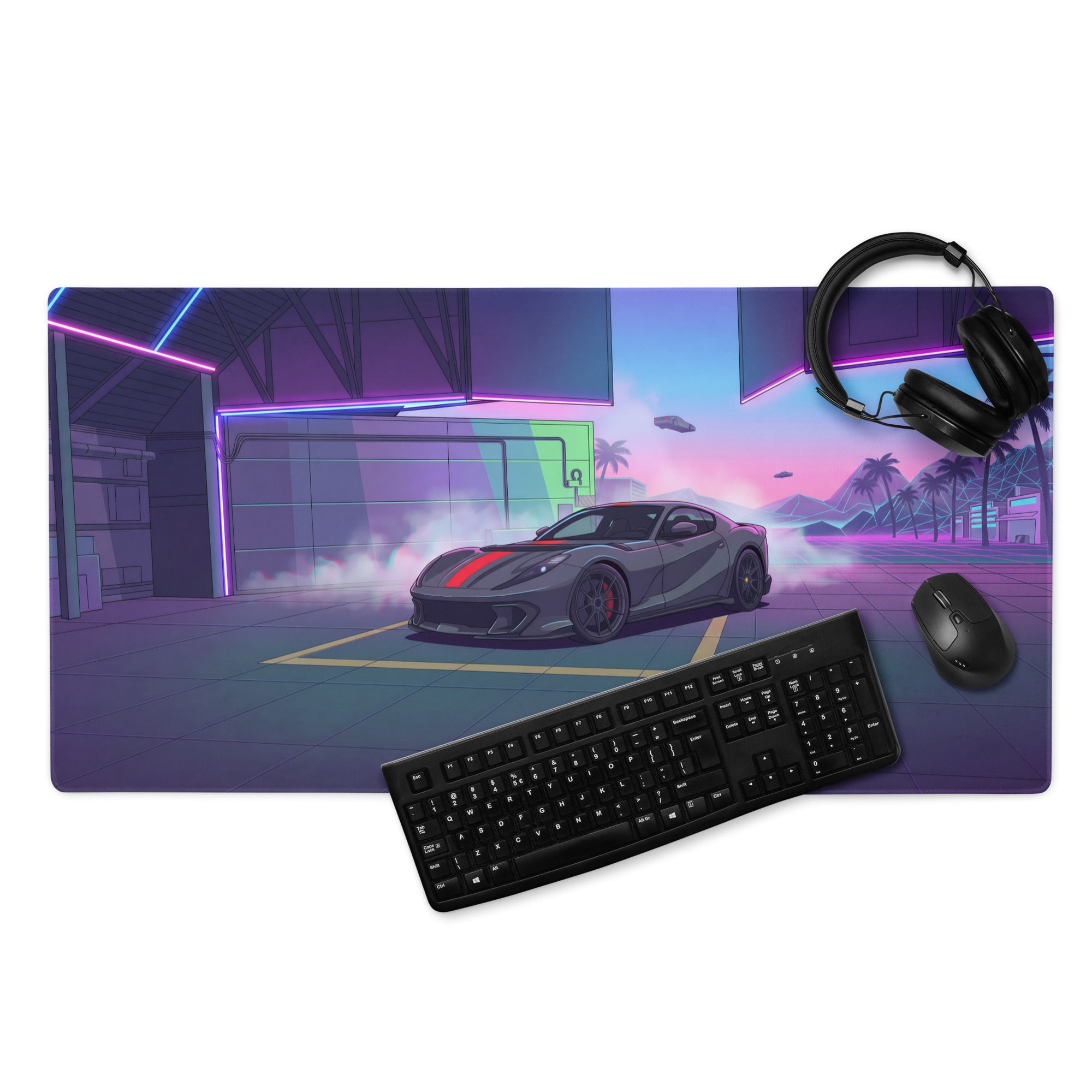 Ferrari 812 Competizione Inspired Gray Red Vaporwave Gaming Mouse Pad – Neon Futuristic Garage Desk Mat, Retro Supercar Digital Art