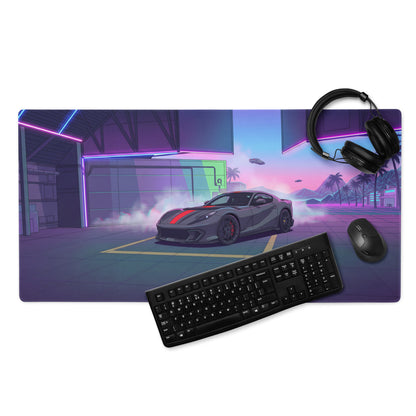 Ferrari 812 Competizione Inspired Gray Red Vaporwave Gaming Mouse Pad – Neon Futuristic Garage Desk Mat, Retro Supercar Digital Art