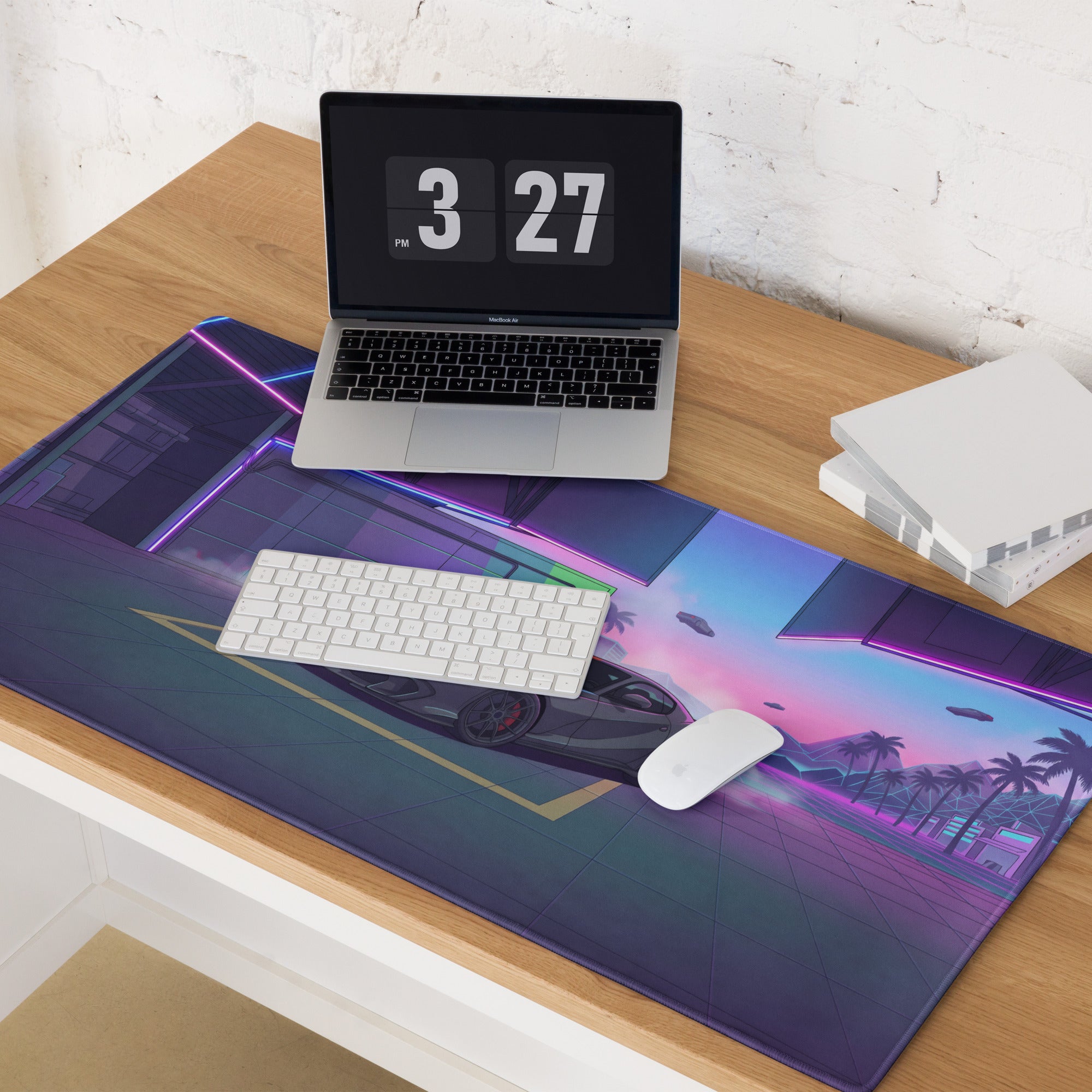 Ferrari 812 Competizione Inspired Gray Red Vaporwave Gaming Mouse Pad – Neon Futuristic Garage Desk Mat, Retro Supercar Digital Art