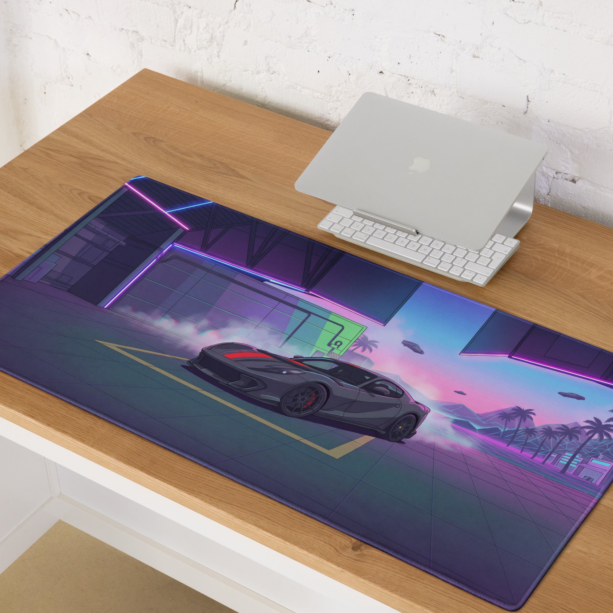 Ferrari 812 Competizione Inspired Gray Red Vaporwave Gaming Mouse Pad – Neon Futuristic Garage Desk Mat, Retro Supercar Digital Art
