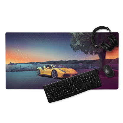 Ferrari 488 Spider Inspired Yellow Purple Vaporwave Gaming Mouse Pad – Neon Lakeside Sunset Desk Mat, Retro Futuristic Supercar Digital Art