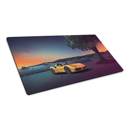 Ferrari 488 Spider Inspired Yellow Purple Vaporwave Gaming Mouse Pad – Neon Lakeside Sunset Desk Mat, Retro Futuristic Supercar Digital Art
