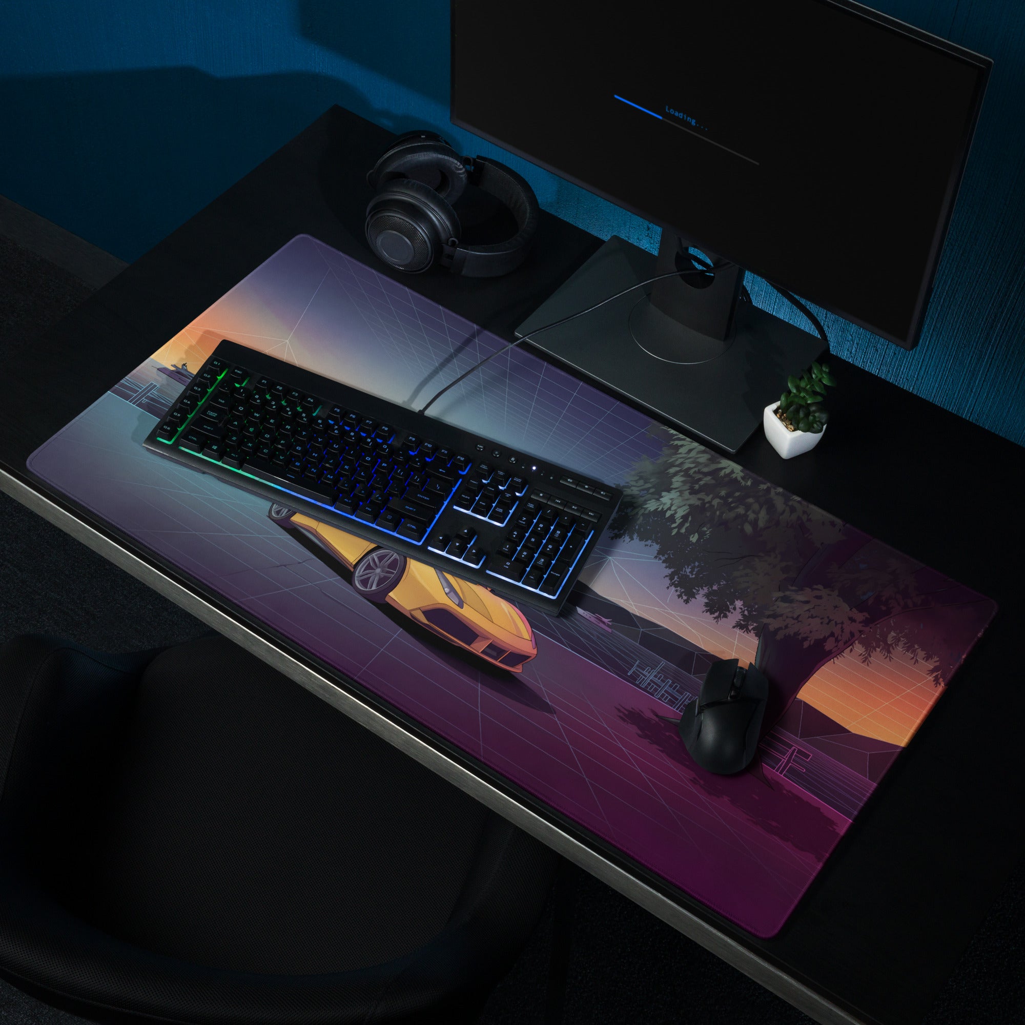 Ferrari 488 Spider Inspired Yellow Purple Vaporwave Gaming Mouse Pad – Neon Lakeside Sunset Desk Mat, Retro Futuristic Supercar Digital Art