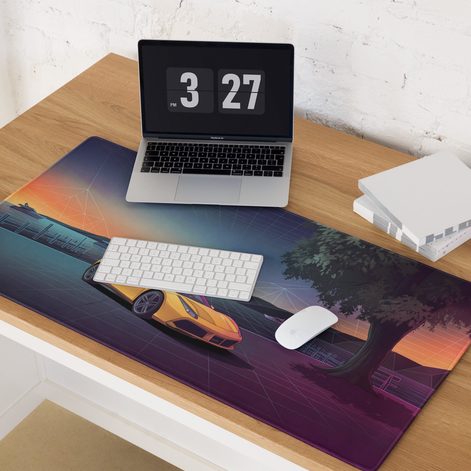 Ferrari 488 Spider Inspired Yellow Purple Vaporwave Gaming Mouse Pad – Neon Lakeside Sunset Desk Mat, Retro Futuristic Supercar Digital Art