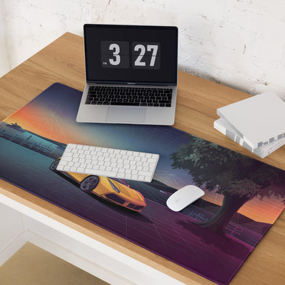 Ferrari 488 Spider Inspired Yellow Purple Vaporwave Gaming Mouse Pad – Neon Lakeside Sunset Desk Mat, Retro Futuristic Supercar Digital Art
