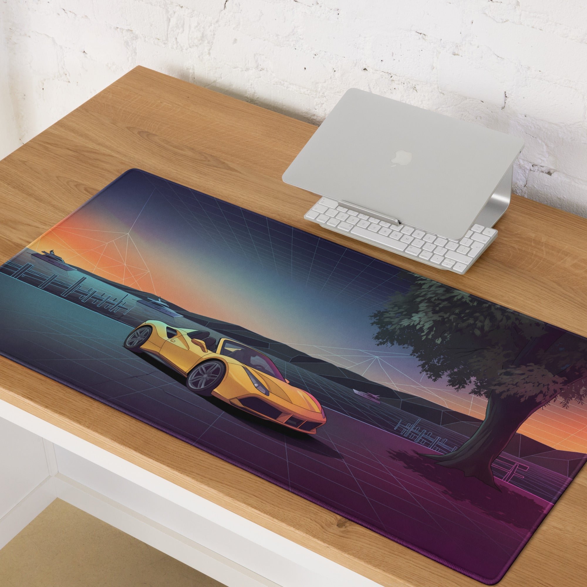 Ferrari 488 Spider Inspired Yellow Purple Vaporwave Gaming Mouse Pad – Neon Lakeside Sunset Desk Mat, Retro Futuristic Supercar Digital Art