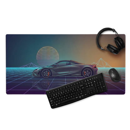McLaren 720S Inspired Gray Teal Vaporwave Gaming Mouse Pad – Neon Retro Grid Desk Mat, Futuristic Supercar Digital Art with Sunset Reflection