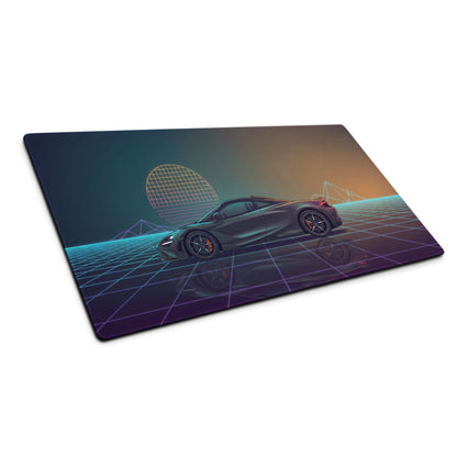 McLaren 720S Inspired Gray Teal Vaporwave Gaming Mouse Pad – Neon Retro Grid Desk Mat, Futuristic Supercar Digital Art with Sunset Reflection