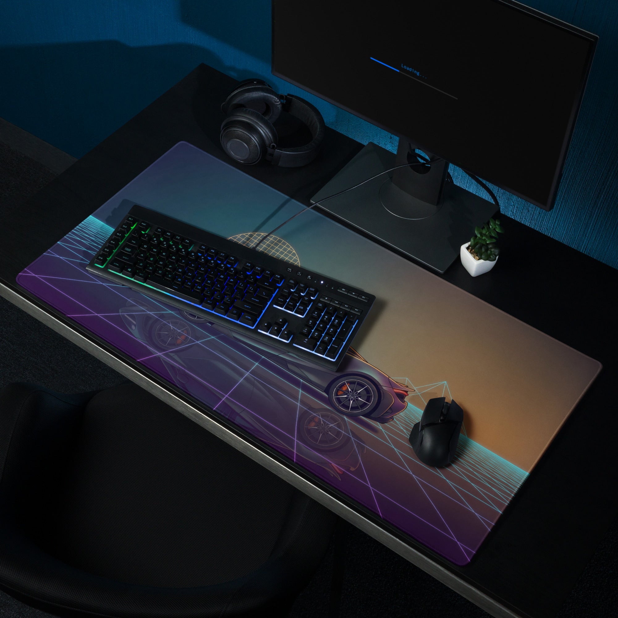 McLaren 720S Inspired Gray Teal Vaporwave Gaming Mouse Pad – Neon Retro Grid Desk Mat, Futuristic Supercar Digital Art with Sunset Reflection