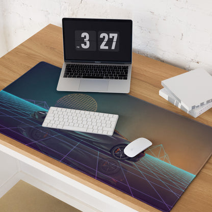 McLaren 720S Inspired Gray Teal Vaporwave Gaming Mouse Pad – Neon Retro Grid Desk Mat, Futuristic Supercar Digital Art with Sunset Reflection