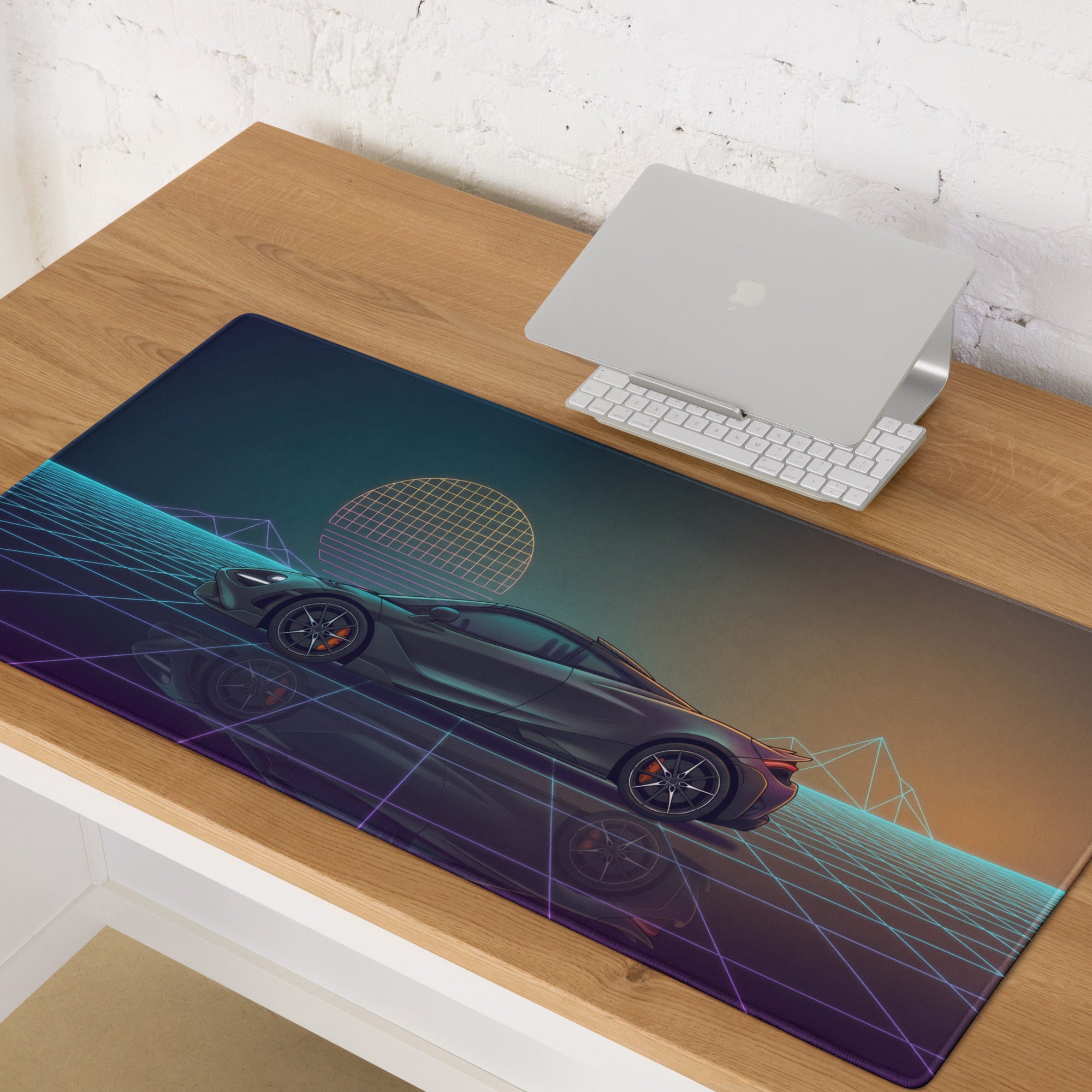 McLaren 720S Inspired Gray Teal Vaporwave Gaming Mouse Pad – Neon Retro Grid Desk Mat, Futuristic Supercar Digital Art with Sunset Reflection