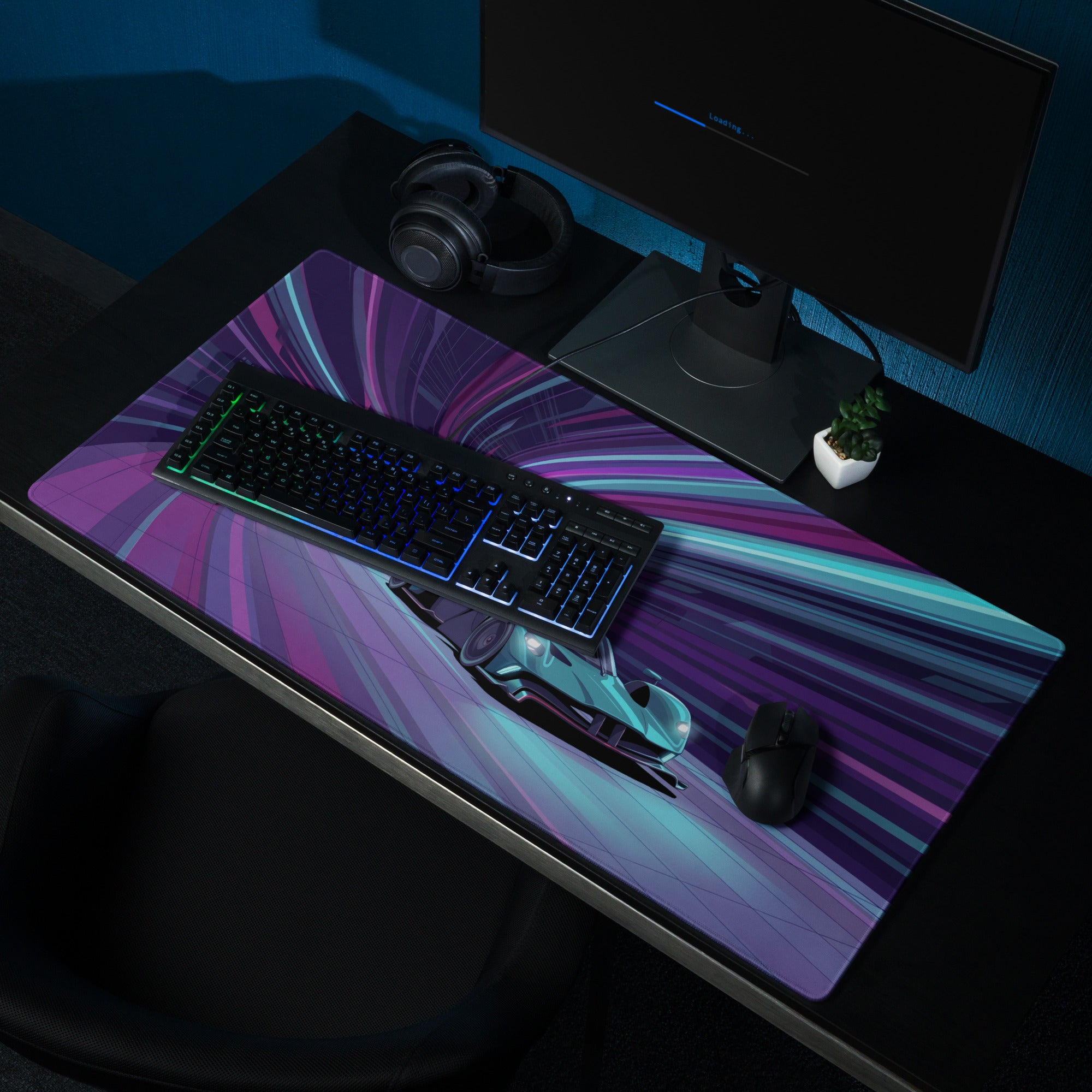 Aston Martin Valkyrie AMR Pro Inspired Teal Purple Vaporwave Gaming Mouse Pad – Neon Racing Tunnel Desk Mat, Futuristic Hypercar Digital Art