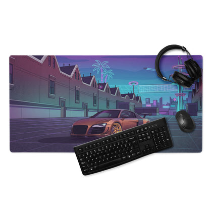 Audi R8 Inspired Bronze Purple Vaporwave Gaming Mouse Pad – Neon Retro Futuristic City Desk Mat, Cyberpunk Supercar Digital Art
