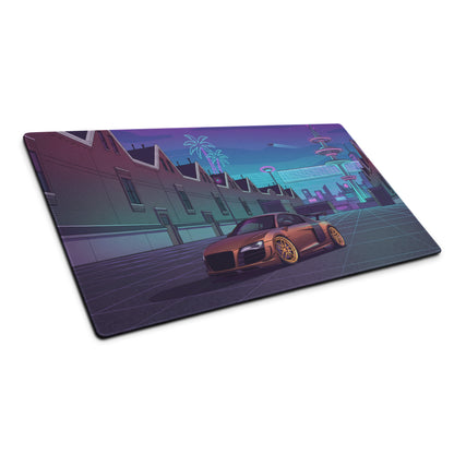 Audi R8 Inspired Bronze Purple Vaporwave Gaming Mouse Pad – Neon Retro Futuristic City Desk Mat, Cyberpunk Supercar Digital Art