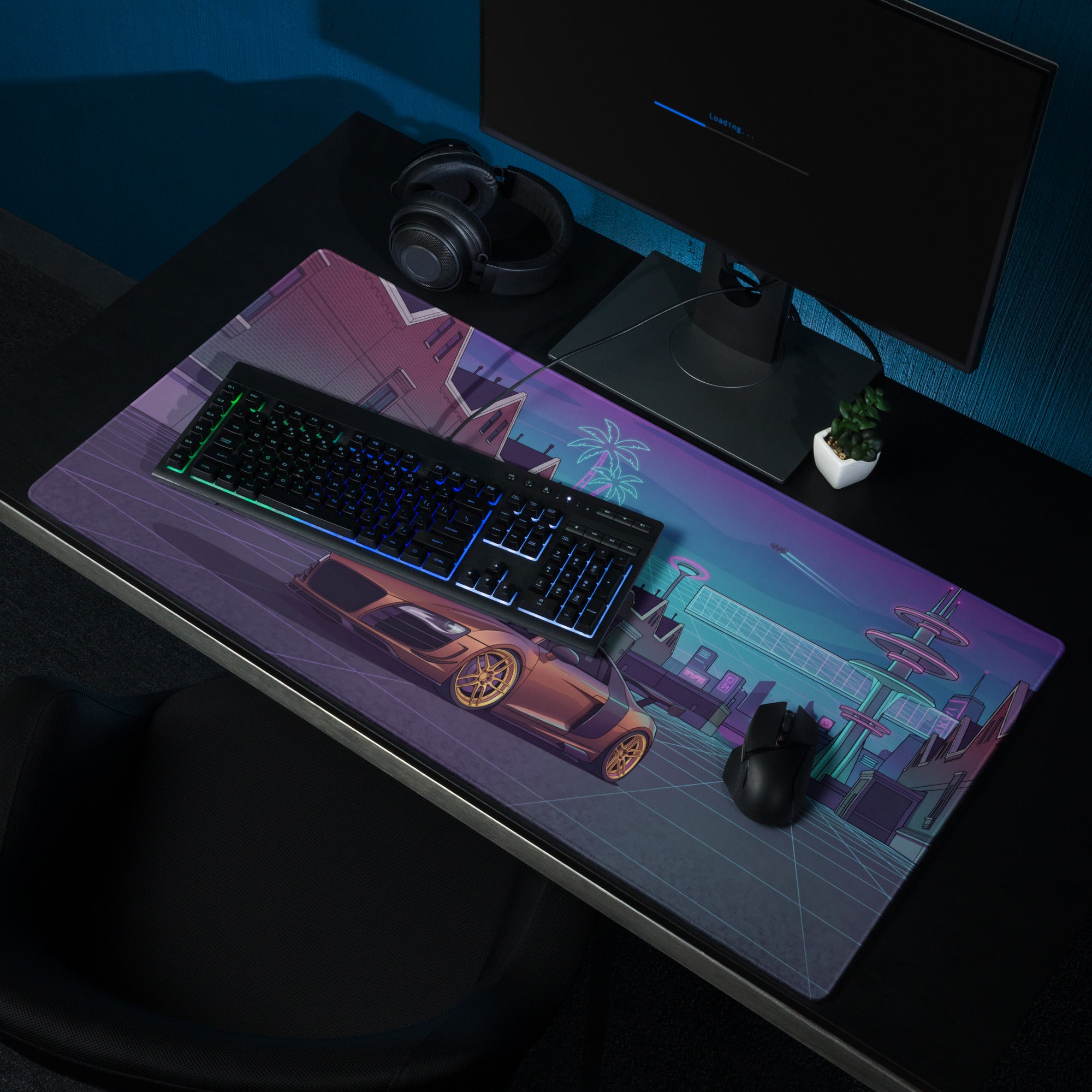 Audi R8 Inspired Bronze Purple Vaporwave Gaming Mouse Pad – Neon Retro Futuristic City Desk Mat, Cyberpunk Supercar Digital Art