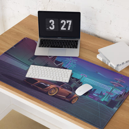 Audi R8 Inspired Bronze Purple Vaporwave Gaming Mouse Pad – Neon Retro Futuristic City Desk Mat, Cyberpunk Supercar Digital Art