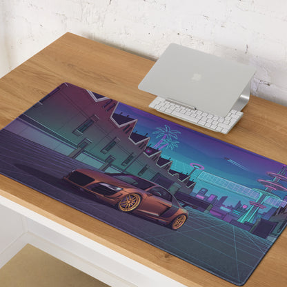 Audi R8 Inspired Bronze Purple Vaporwave Gaming Mouse Pad – Neon Retro Futuristic City Desk Mat, Cyberpunk Supercar Digital Art