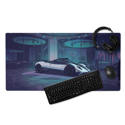 Pagani Zonda Cinque Inspired White Blue Vaporwave Gaming Mouse Pad – Neon Luxury Showroom Desk Mat, Futuristic Hypercar Digital Art