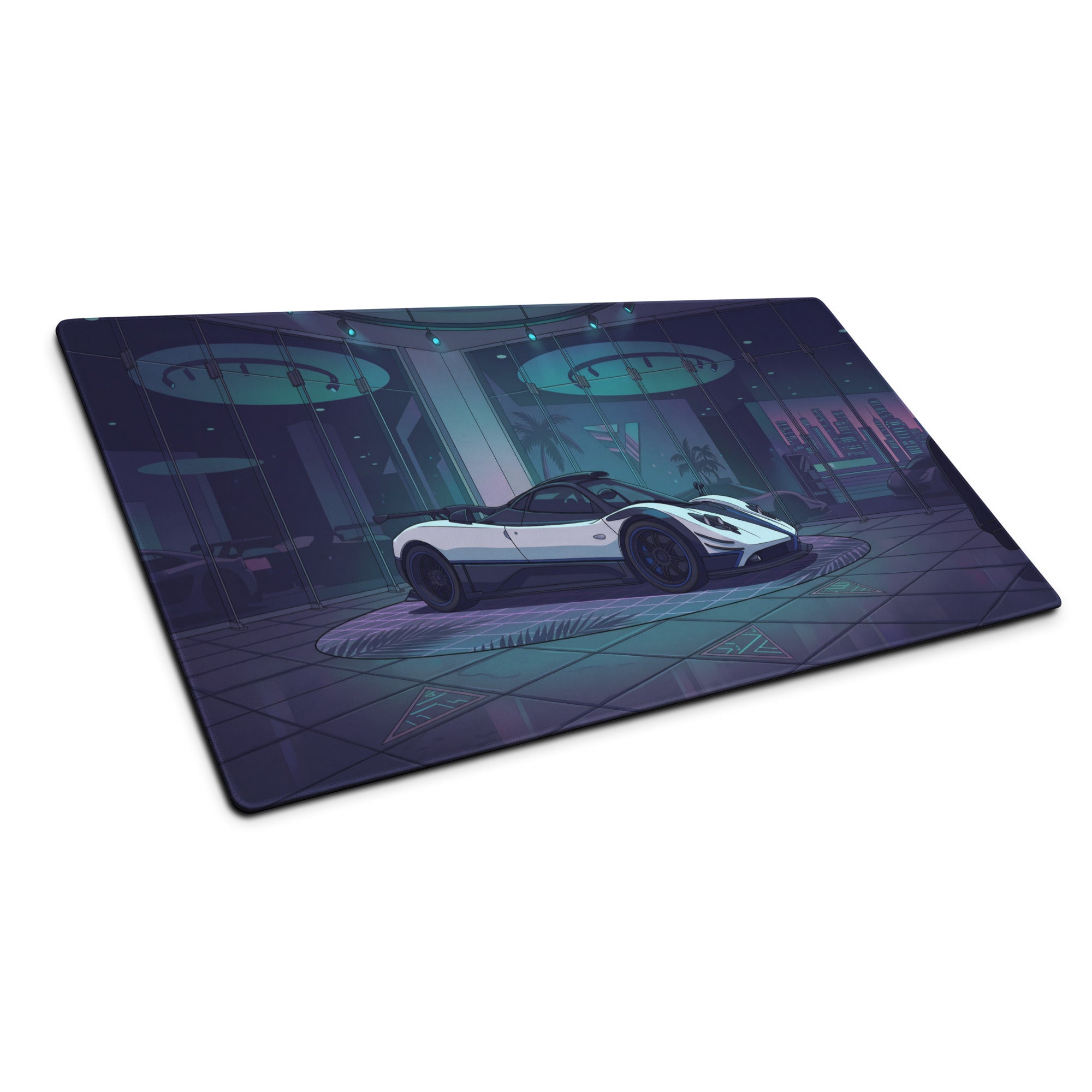 Pagani Zonda Cinque Inspired White Blue Vaporwave Gaming Mouse Pad – Neon Luxury Showroom Desk Mat, Futuristic Hypercar Digital Art