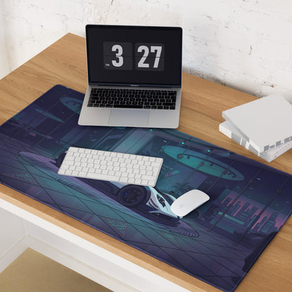 Pagani Zonda Cinque Inspired White Blue Vaporwave Gaming Mouse Pad – Neon Luxury Showroom Desk Mat, Futuristic Hypercar Digital Art