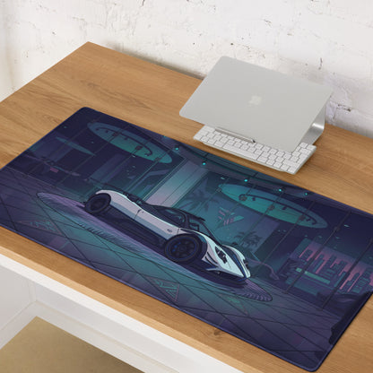 Pagani Zonda Cinque Inspired White Blue Vaporwave Gaming Mouse Pad – Neon Luxury Showroom Desk Mat, Futuristic Hypercar Digital Art